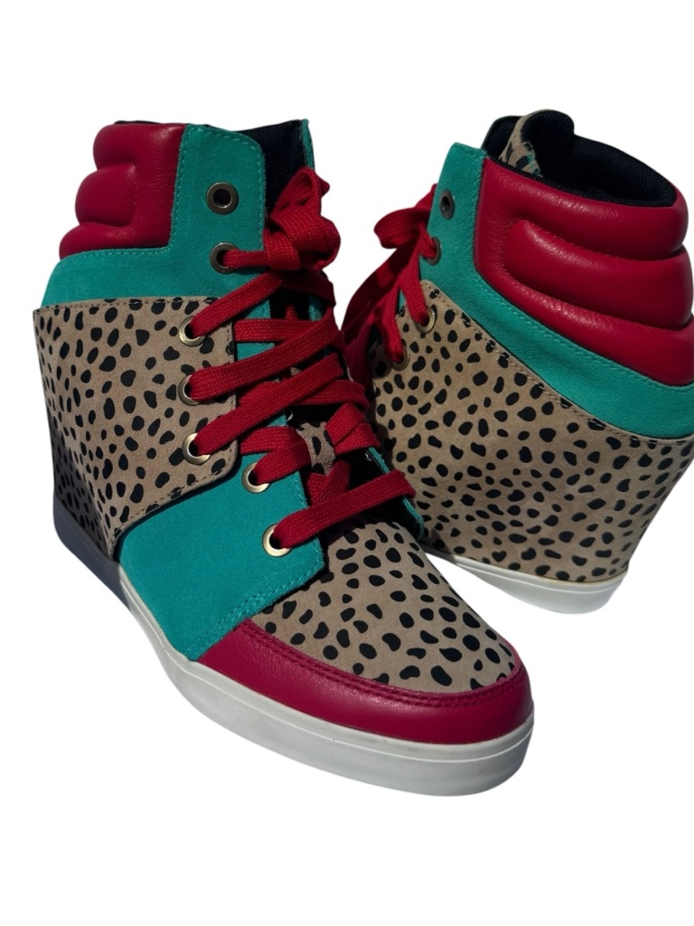 Volcom High-Top Sneakers in Red, Teal color block & Leopard Print